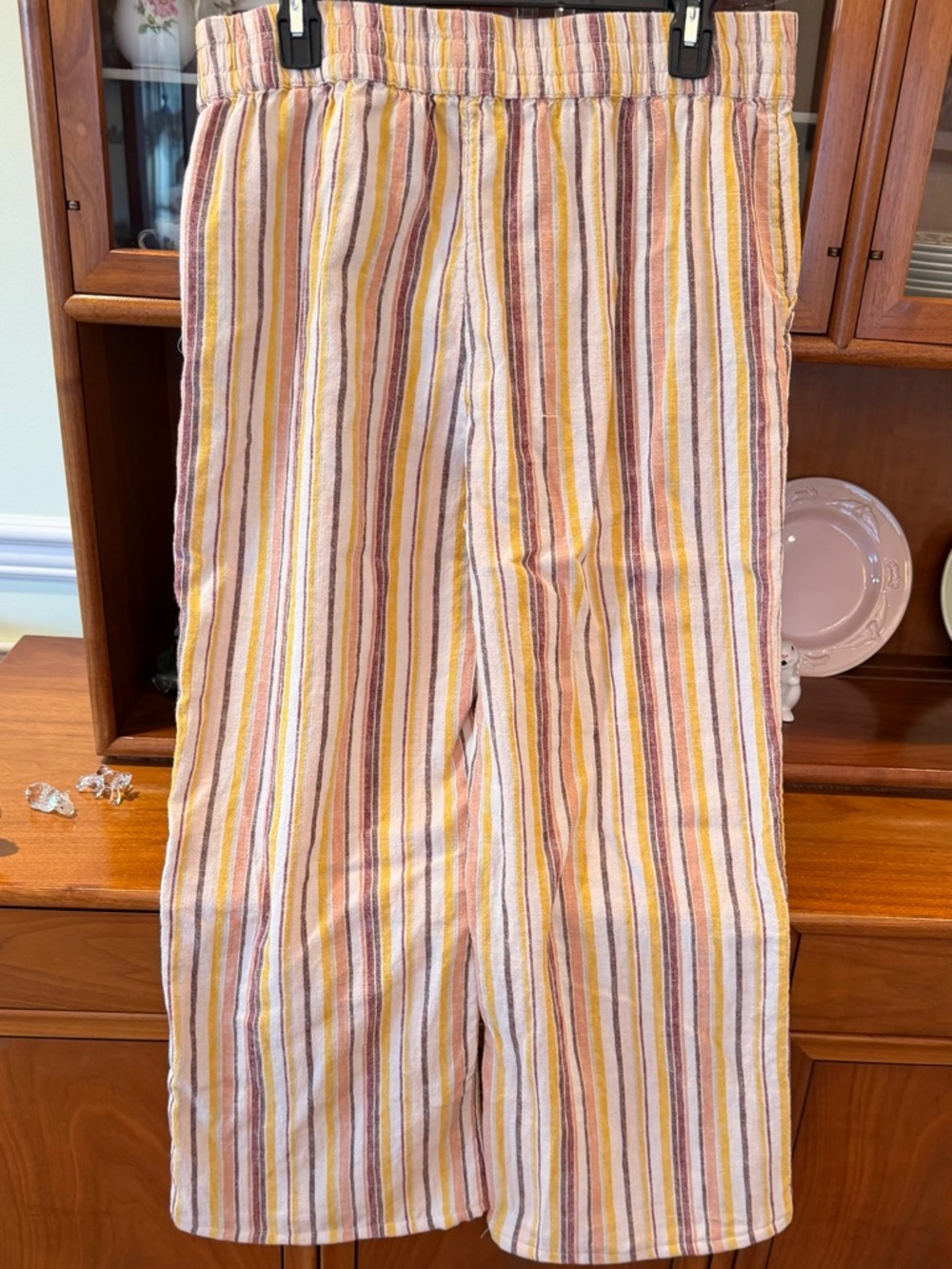 Denim & Co size L Striped Elastic Waist Linen-Blend Pants - Yellow, Pink, Rust